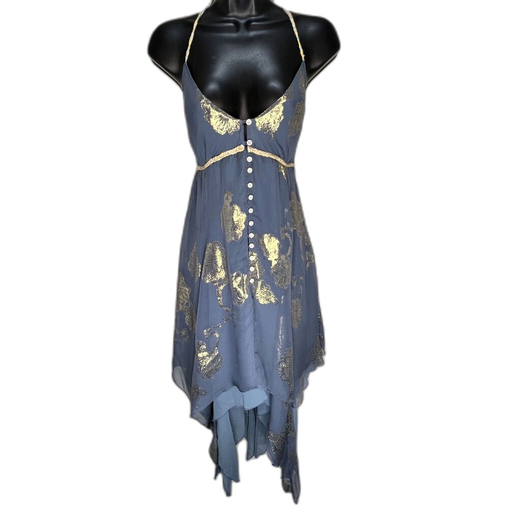 Elizabeth and James Blue Metallic Floral Silk Halter Dress M Boho Slip Midi Y2K